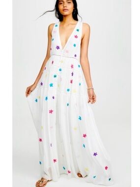 Rococo Sand White Maxi Dress with Multicolor Star Embellishments